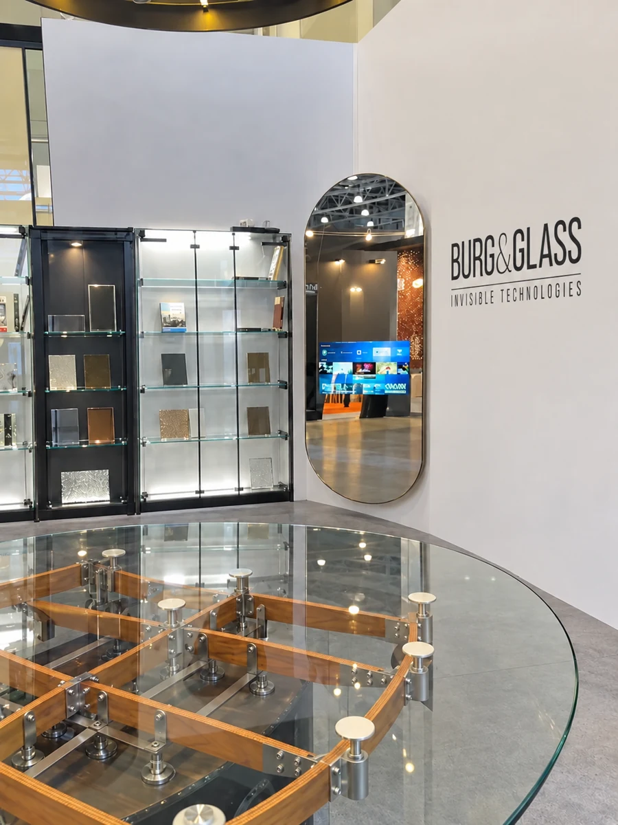 Зеркальный экран и стеклянный стол на стенде Burg&Glass